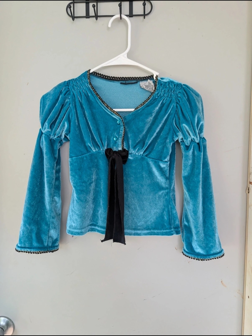 Vtg Y2K Mary-Kate and Ashley Teal Velvet Puffed Sleeve Top Bow Accent 6/6X